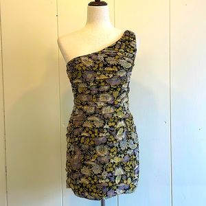 NWT Zara Floral Cocktail Dress Med Never Worn Sexy One Side Shoulder Purple Gold